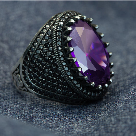 925 Men Silver Oval Amethyst Gemstone Ring