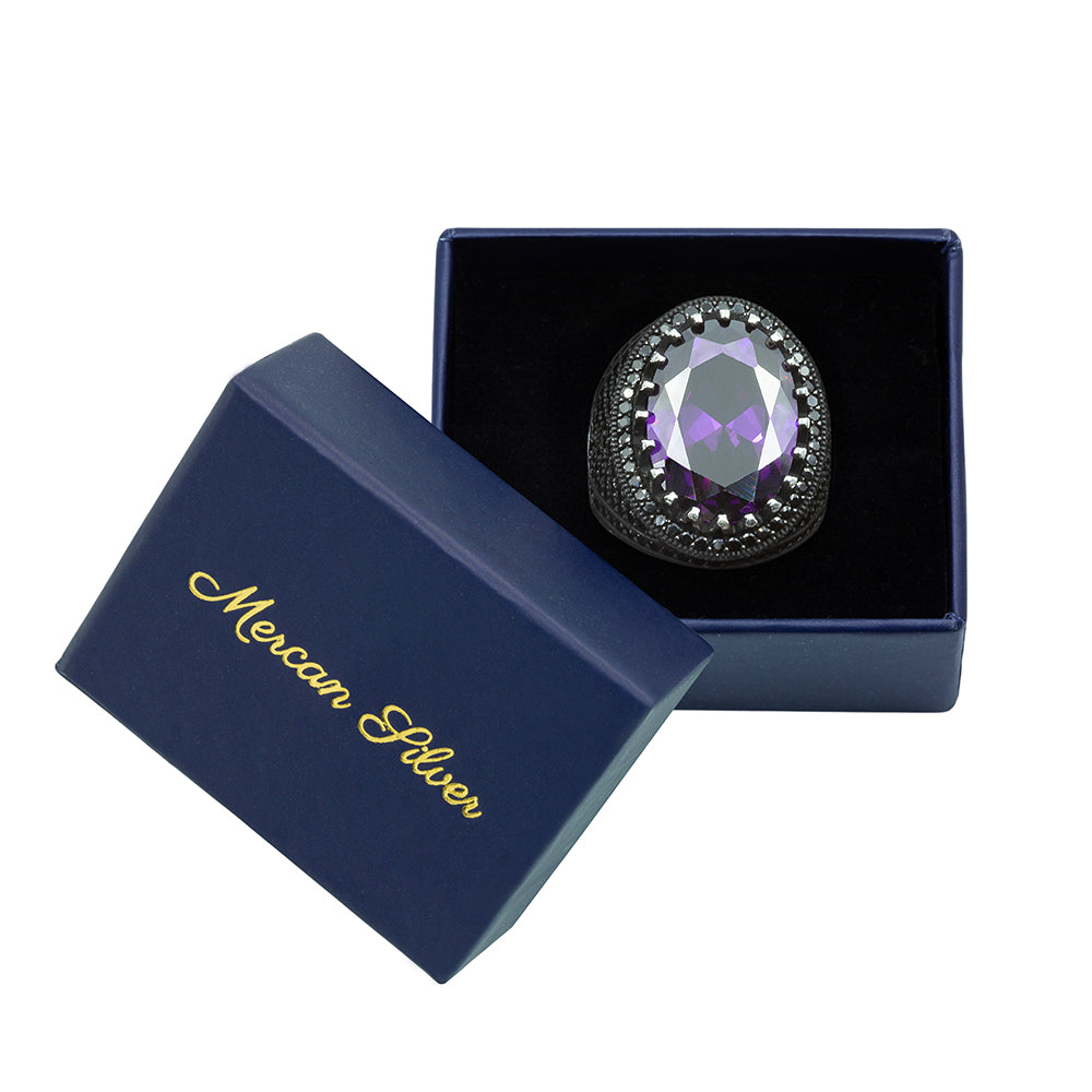 925 Men Silver Oval Amethyst Gemstone Ring