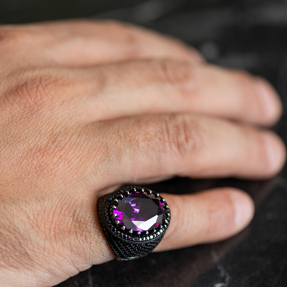 925 Men Silver Oval Amethyst Gemstone Ring