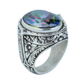 925 Silver Mystic Topaz Silver Ring, Colorless Topaz Stone Ring, Engraved Handmade Ring, Turkish Handmade Silver Ring, Gift For Men
