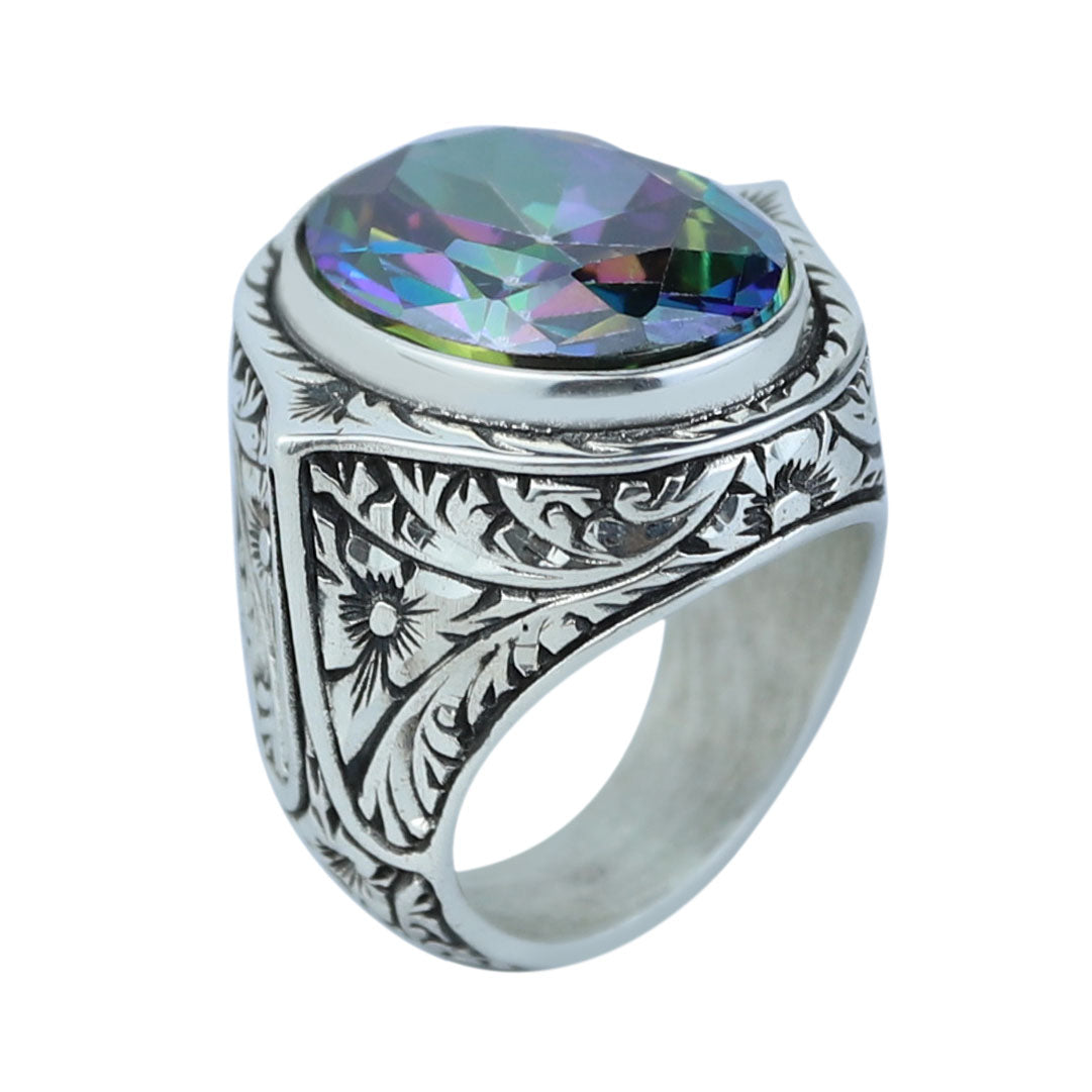 925 Silver Mystic Topaz Silver Ring, Colorless Topaz Stone Ring, Engraved Handmade Ring, Turkish Handmade Silver Ring, Gift For Men