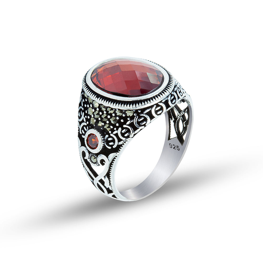 925 Men Silver Minimal Garnet Gemstone Ring