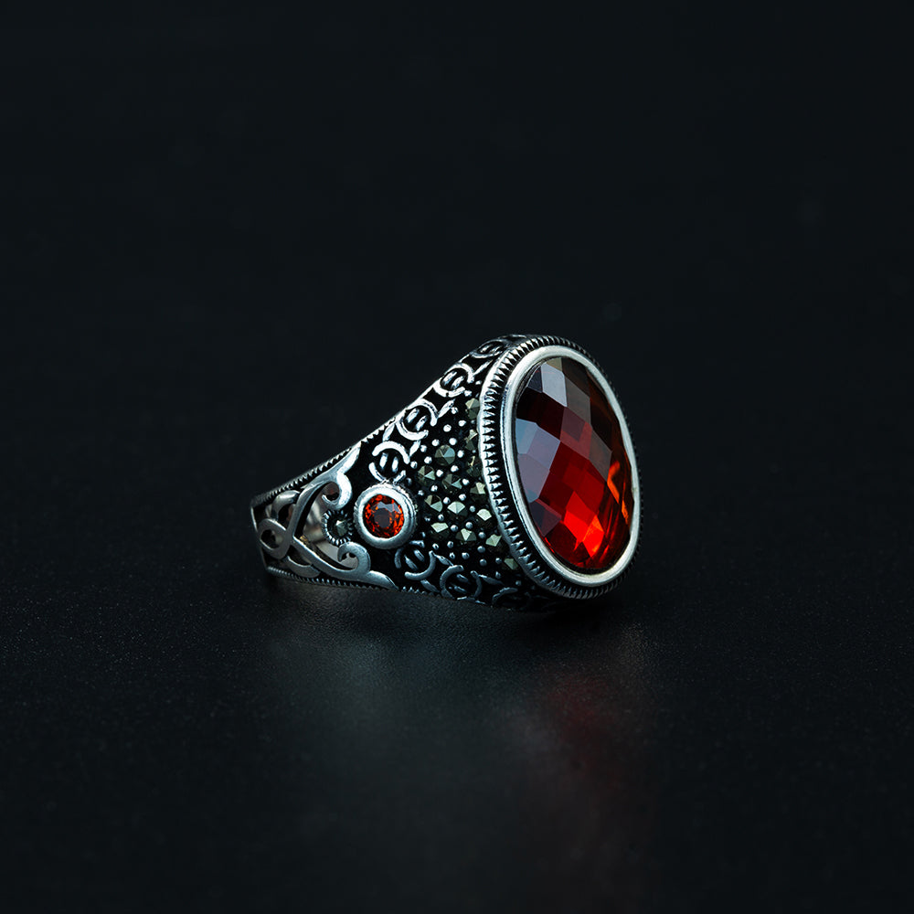 925 Men Silver Minimal Garnet Gemstone Ring