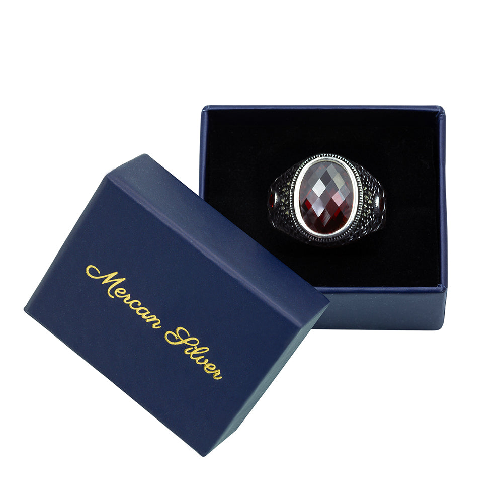 925 Men Silver Minimal Garnet Gemstone Ring