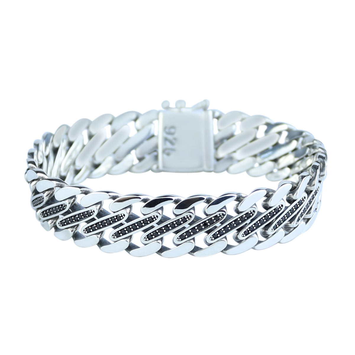925 Silver Black Onyx Chain Bracelet, 15MM Silver Curb Chain Bracelet, Natural Onyx Gourmet Chain Bracelet