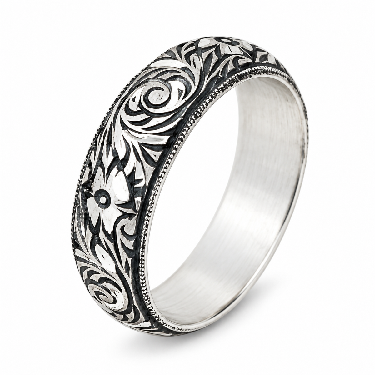 Floral Engraved Wedding Band Ring, Unisex Handmade Wedding Band, Men Hand- Engraved Band, Promise Band, Promise Ring, 925k Sterling Silver