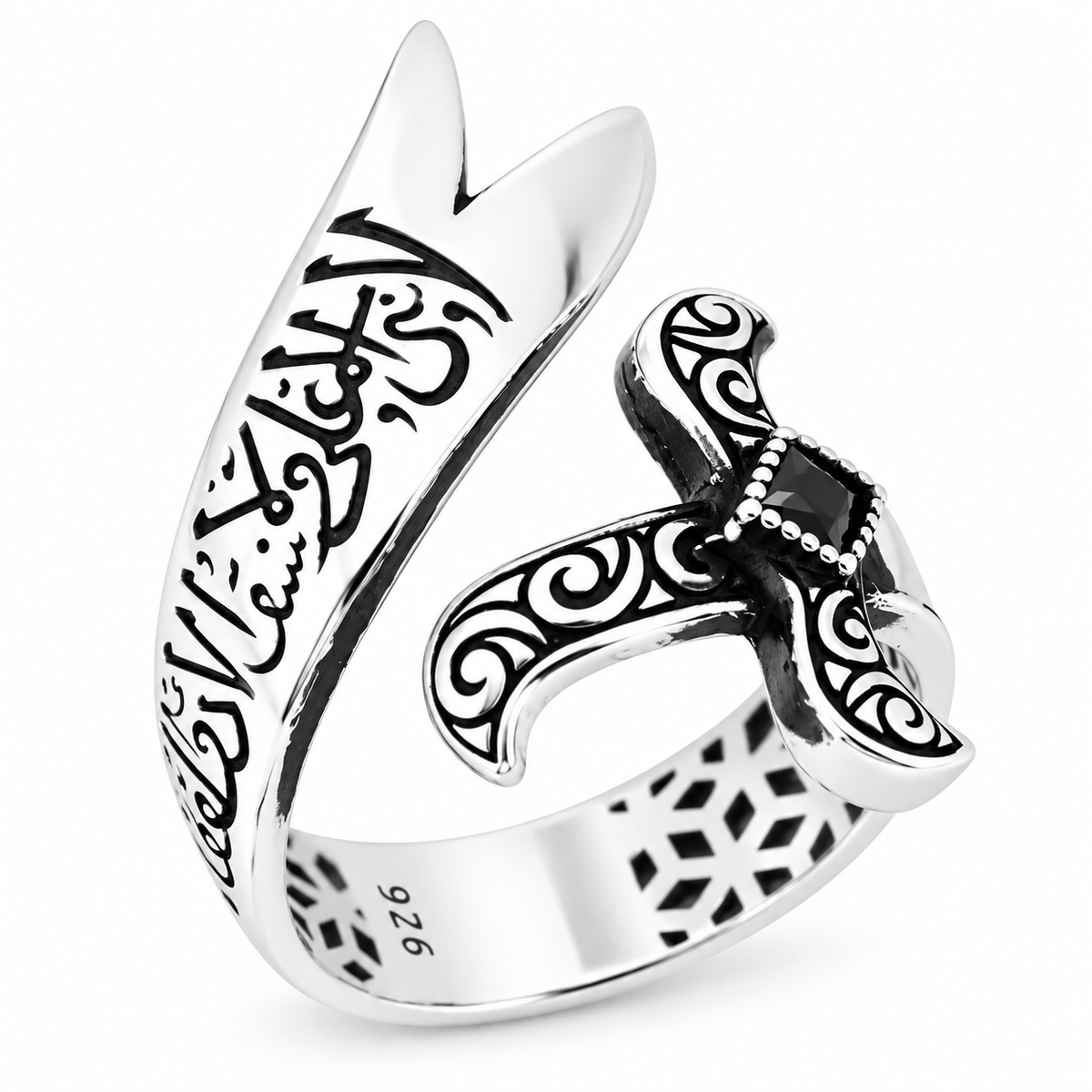 925 Sterling Silver Onyx Zulfiqar Sword Ring for Men