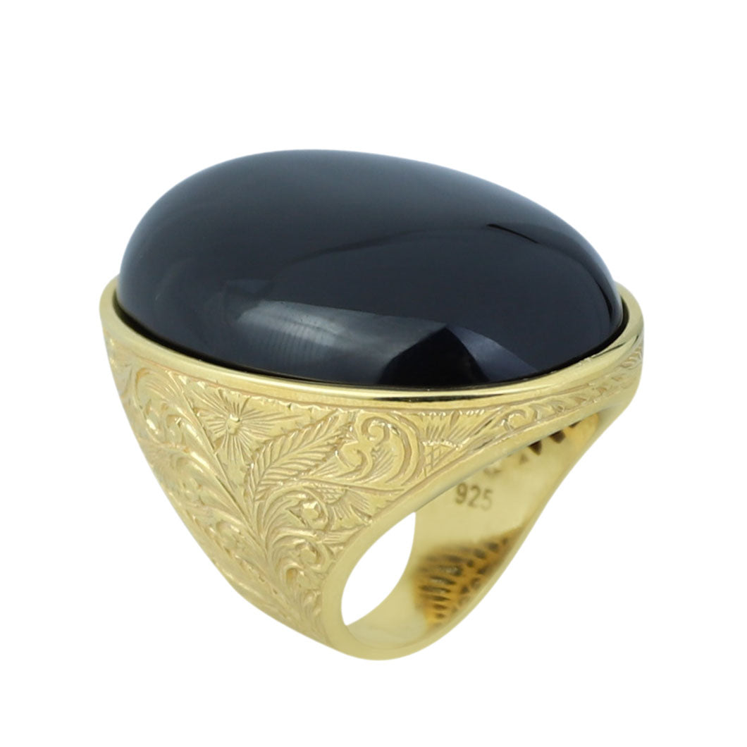 Handmade Engraved Gold Onyx Ring, 18K Gold Large Natural Onyx Ring, Mens Handmade Ring, Men Vintage Ring