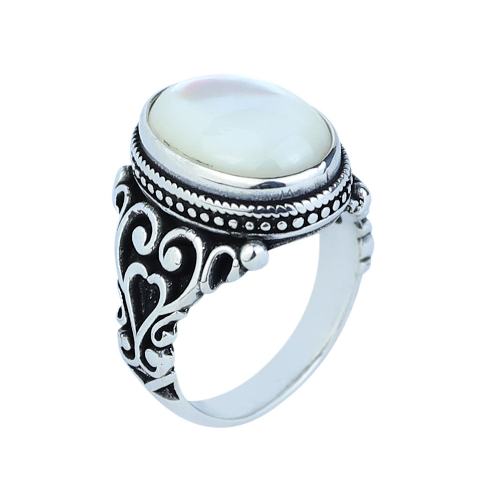 Mother Of Pearl Signet Ring, Men Engraved Oval Pearl Mens Ring, Silver Classic Mother Of Ring, Ottoman Style Men Ring