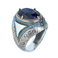 925 Sterling Silver Blue Sapphire Gemstone Men Ring, Turkish Handmade Engraved Men Sapphire Ring, 925K Sterling Silver