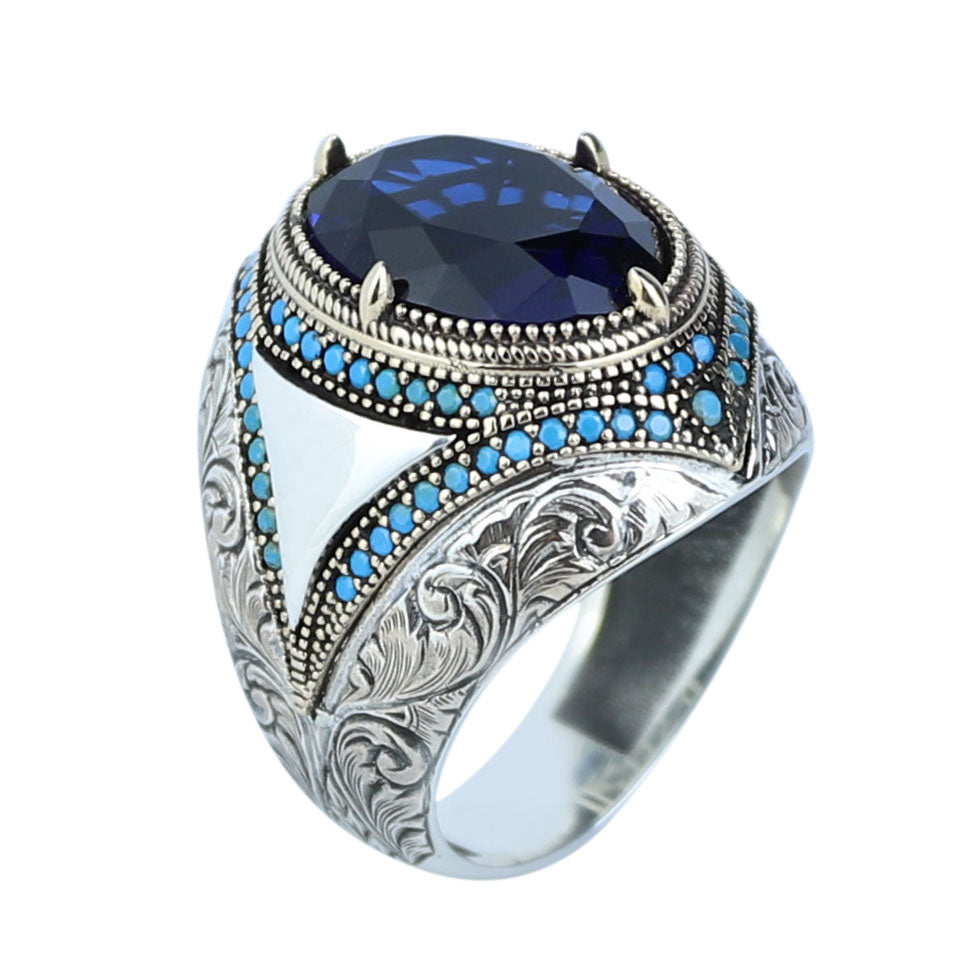 925 Sterling Silver Blue Sapphire Gemstone Men Ring, Turkish Handmade Engraved Men Sapphire Ring, 925K Sterling Silver