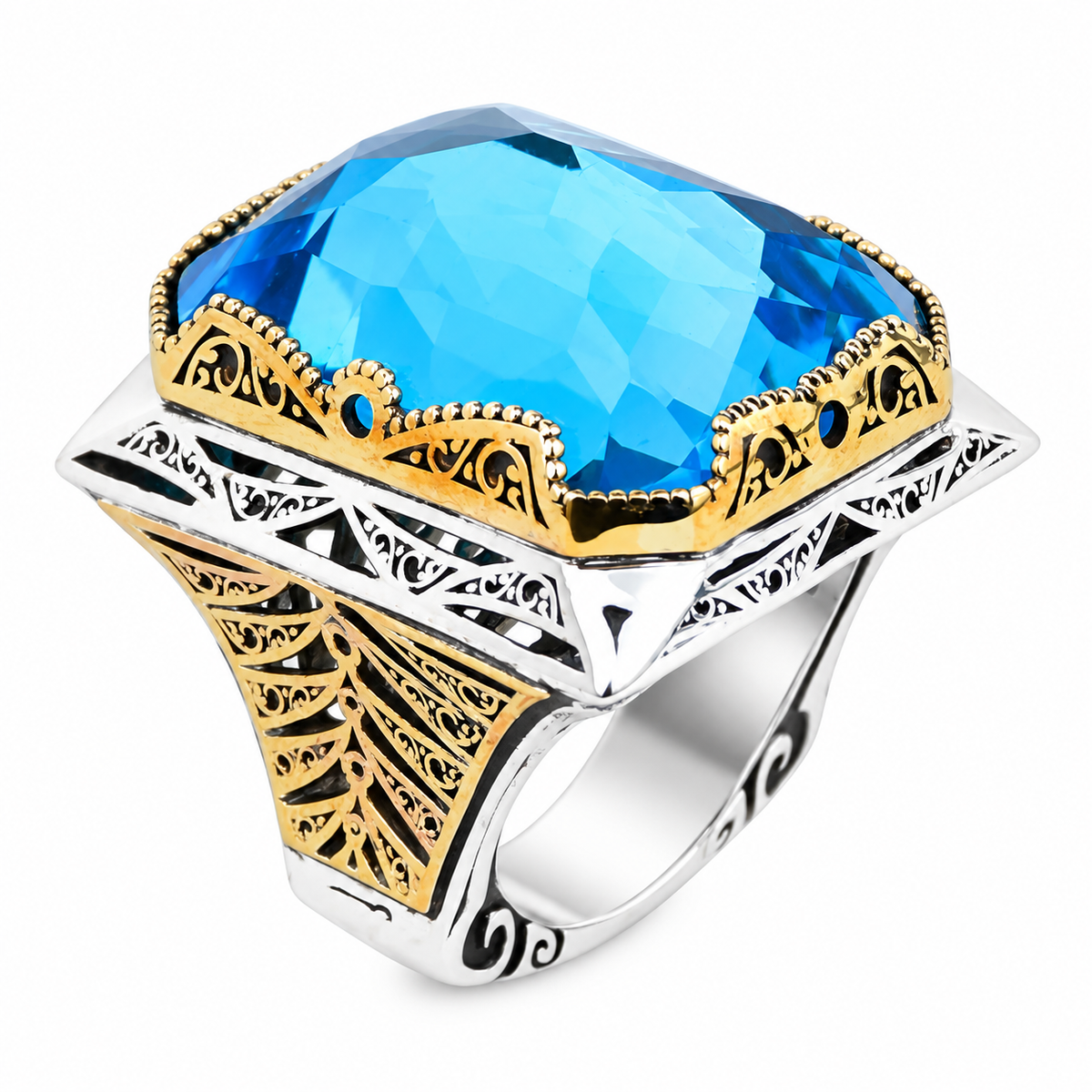 925 Silver Large Aquamarine Ring, Men Big Statement Men Ring, Ottoman Style Ring, Turkish Handmade Sterling Silver, Father Day Gift