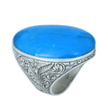 Men Silver Large Turquoise Stone Ring, Hand Engraved Silver Ring, Engraved Large Silver Ring, Large Signet Ring