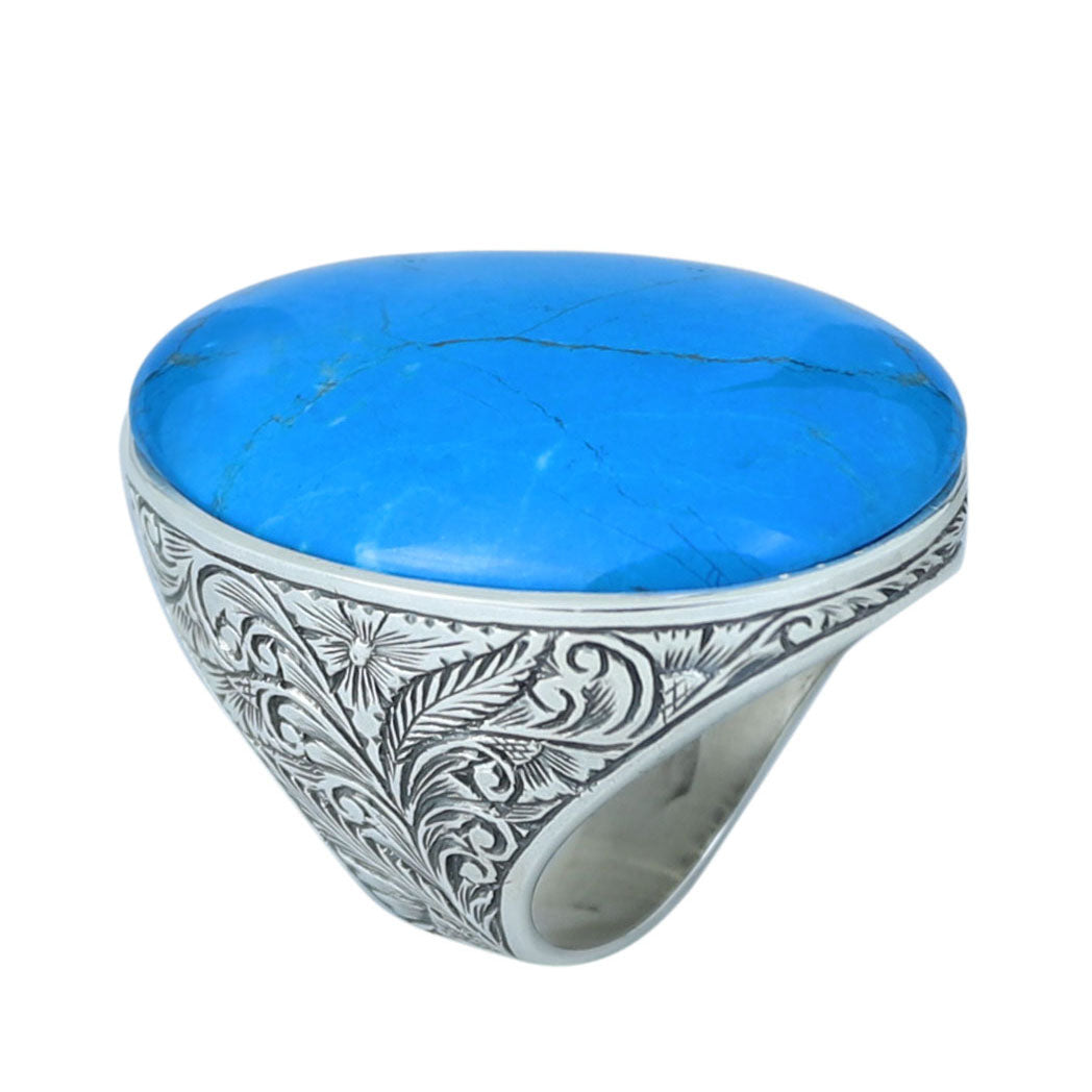 Men Silver Large Turquoise Stone Ring, Hand Engraved Silver Ring, Engraved Large Silver Ring, Large Signet Ring