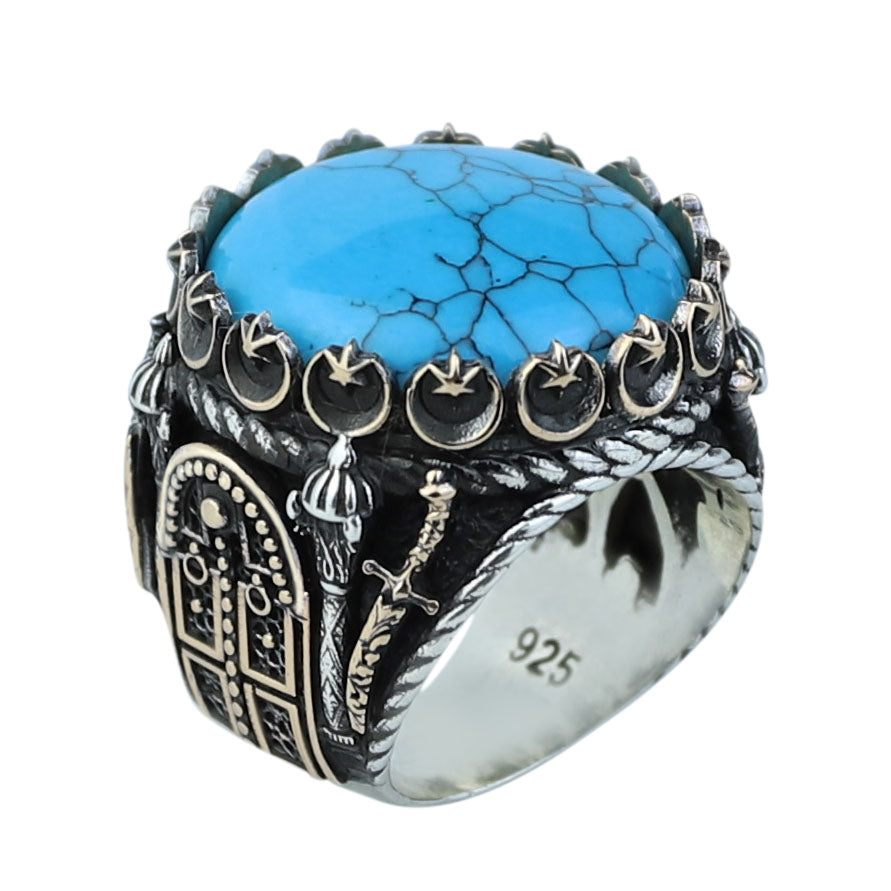 Silver Turquoise Sword Round Ring, Large Turquoise  Signet Turquoise Ring, Turkish Handmade Ring