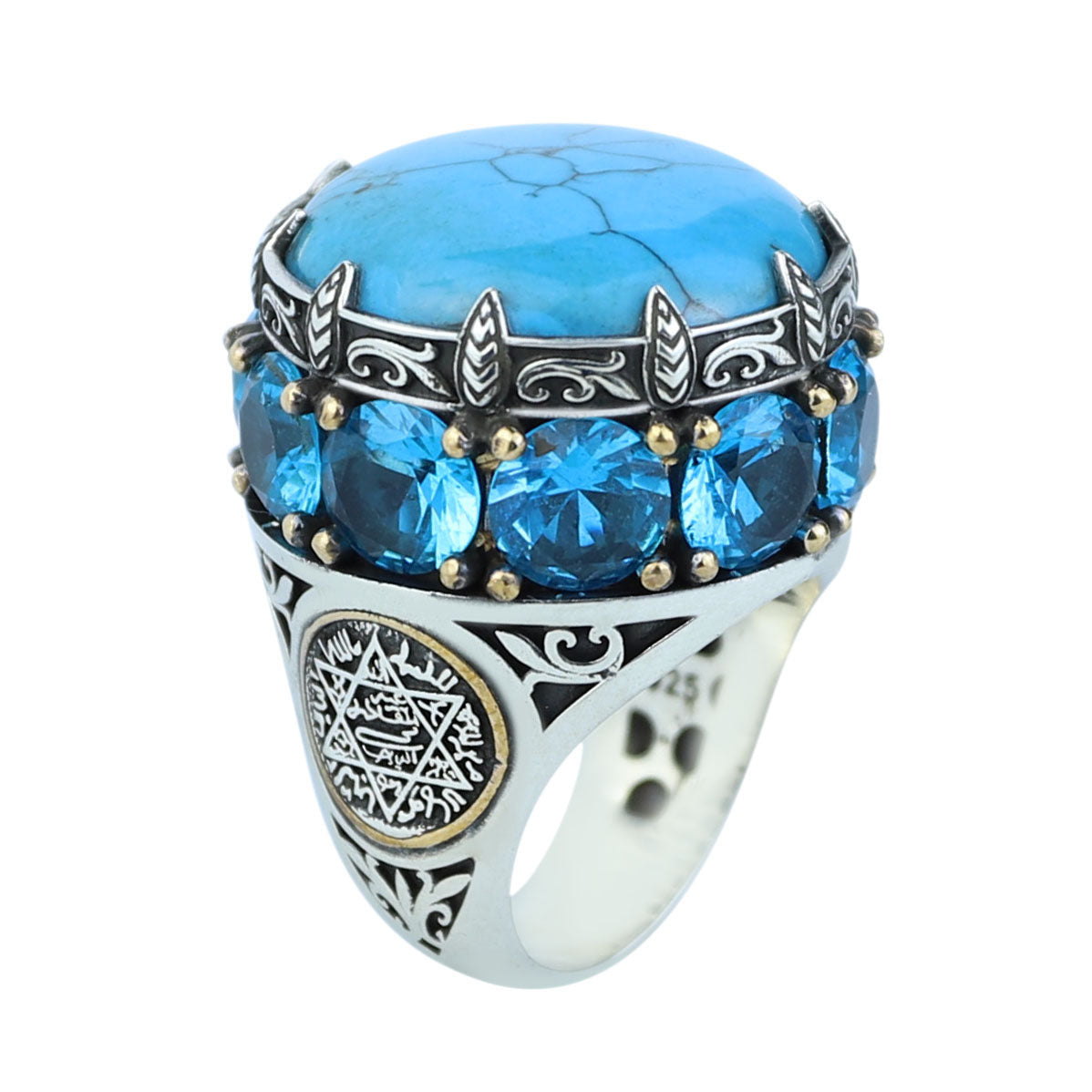 Silver Large Natural Turquoise Solomon Ring, Mens Solomon Signet Ring, Round Engraved Ring