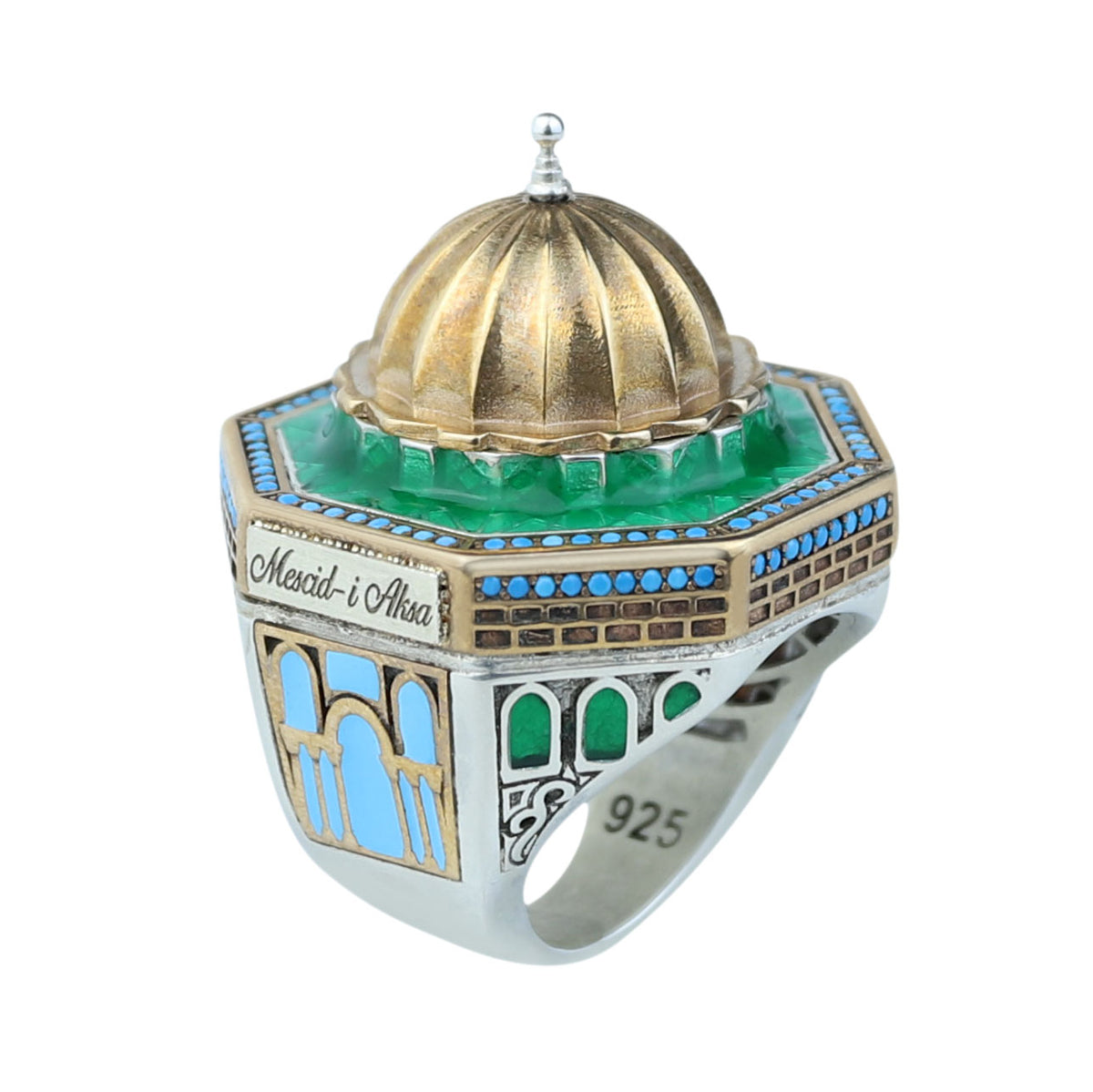 Silver Handmade Mosque Ring, Al-Aqsa Mosque ring , Men Unique Ring, Emerald Gemstone İslamıc Ring, Ottoman Style Handmade İslamic Gift
