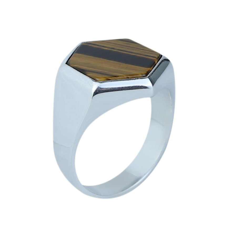 925 Hexagon Tiger's Eye Stone Ring, Silver Tiger Eye Ring, Signet Tiger Ege Gemstone Ring, Handmade Tiger Eye Stone Ring , Gift to Him