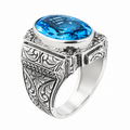 Men Silver Aquamarine Stone Ring, Hand Engraved Aquamarine Ring, Ottoman Style Blue Aquamarine Stone Ring , Vintage Men Ring, 925 Silver