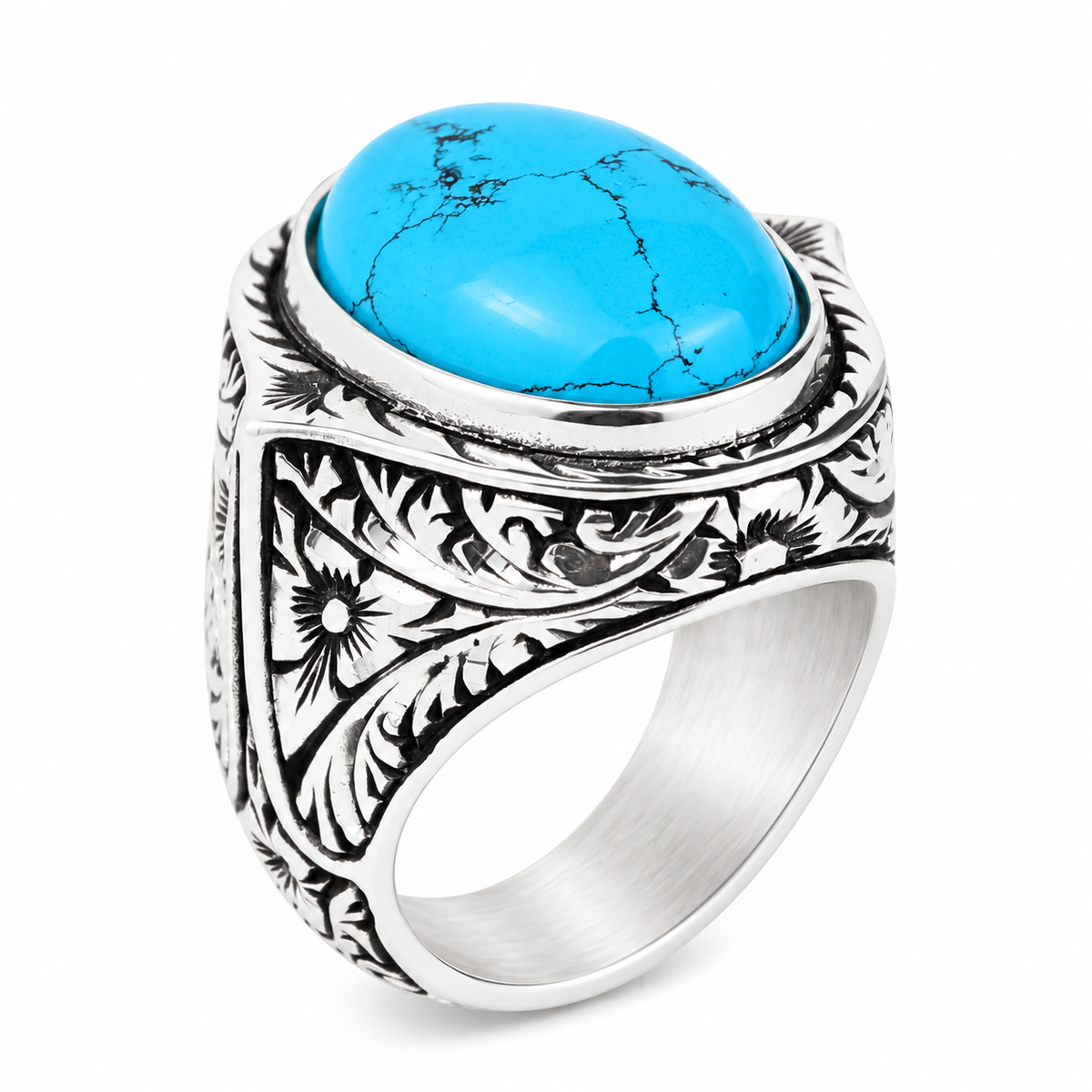 Men Engraved Silver Turquoise Ring , Handcrafted Ottoman Men Ring, Natural Gemstone Ring, 925k Sterling Silver Ring, Gift for Him