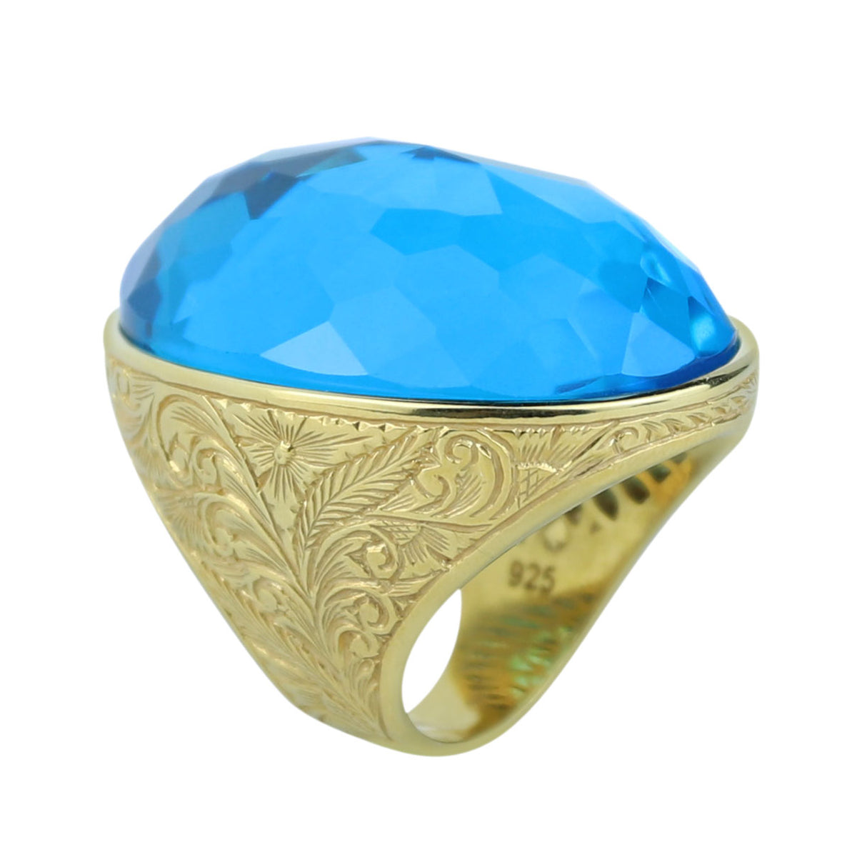 18K Gold Large Aquamarine Men Ring, Handmade Engraved Vintage Ring, Turkish Handmade Blue Gemstone Ring