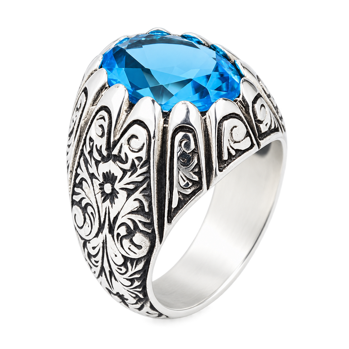 925 Sterling Silver Aquamarine Ring for Men – Vintage Ottoman Style