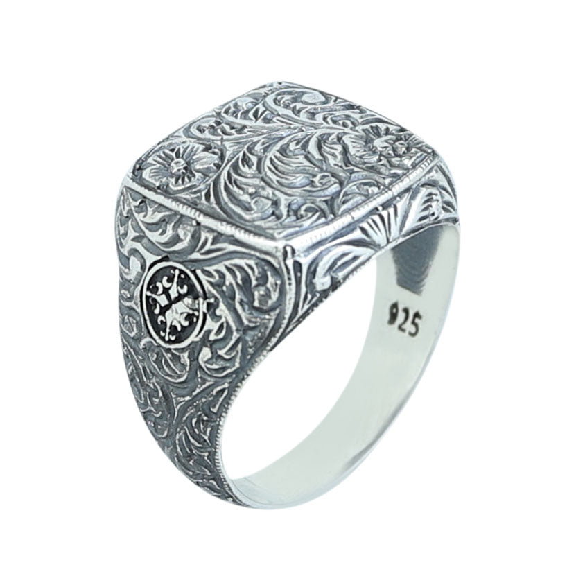 Silver Engraved Gothic Ring, Statement Engraved Signet Ring, Hand Engraved Signet Ring, Unisex Band Ring