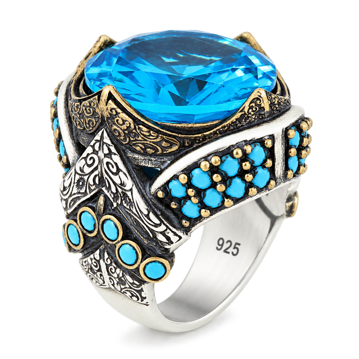 925 Sterling Silver Aquamarine Ring for Men – Vintage Ottoman Style