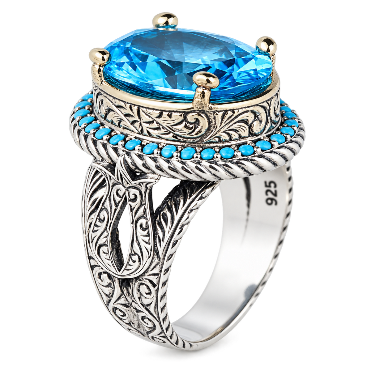 925 Sterling Silver Oval Aquamarine Ring for Men