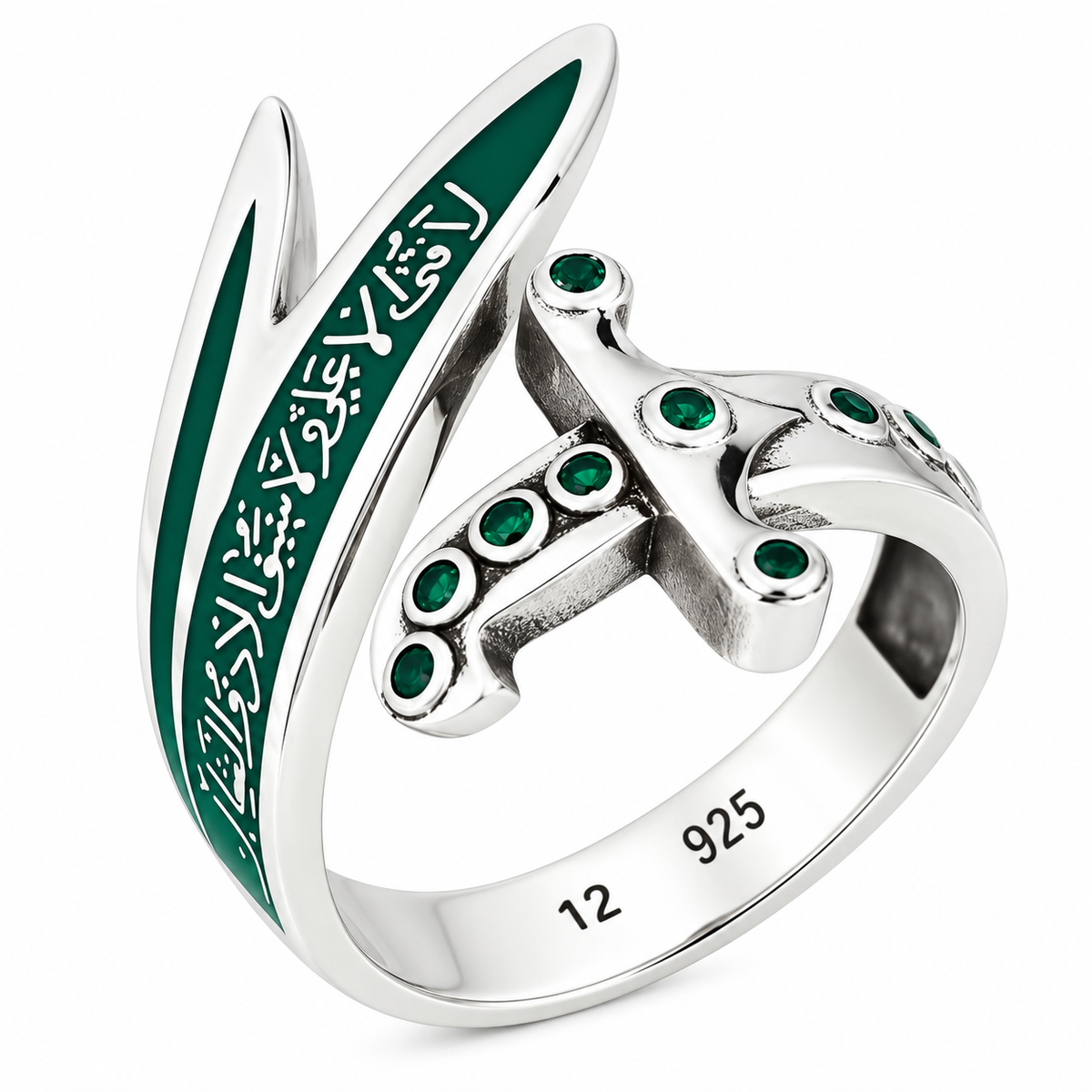 925 Sterling Silver Zulfiqar Sword Ring with Emerald Stone for Men