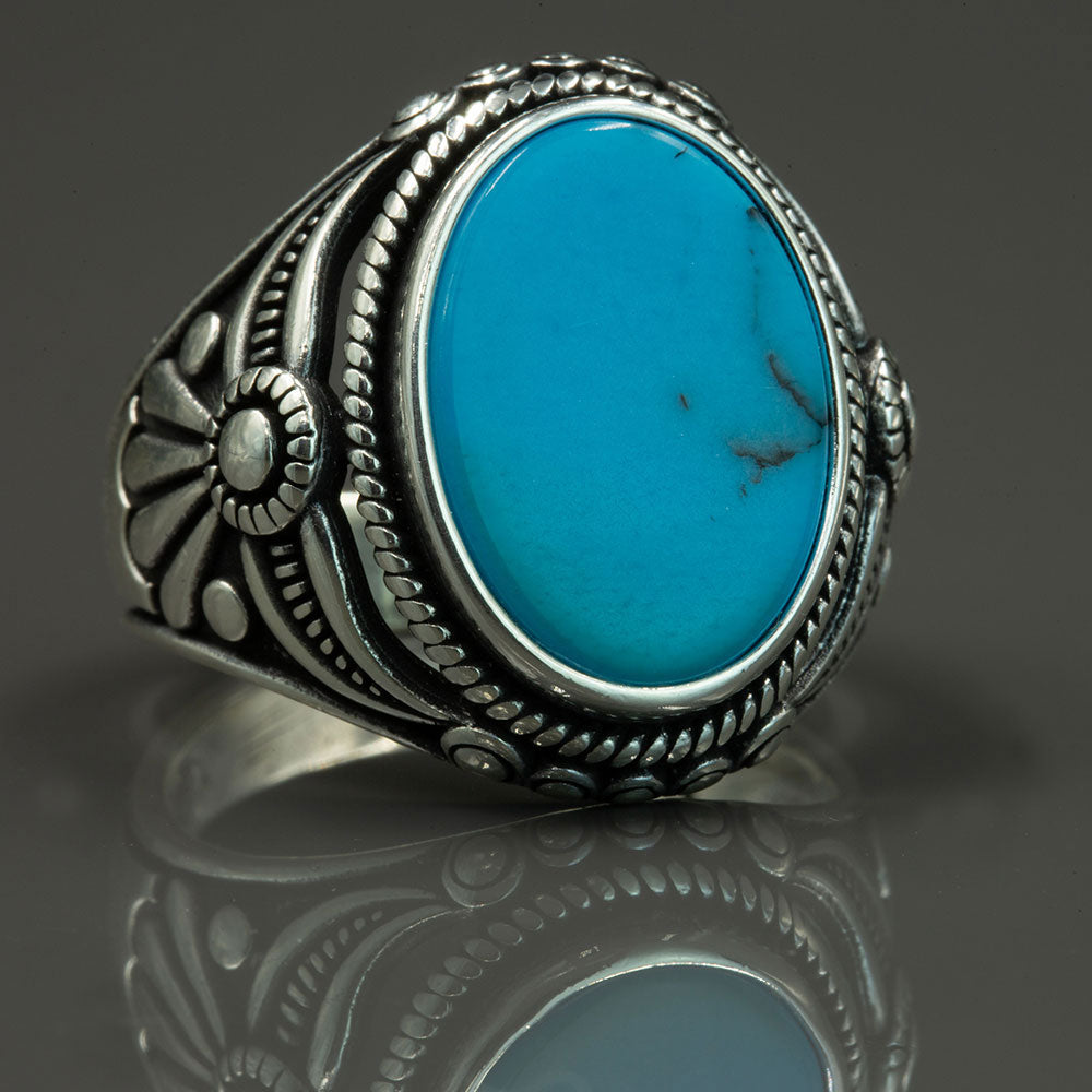 Men Silver Natural Turquoise Gemstone Ring
