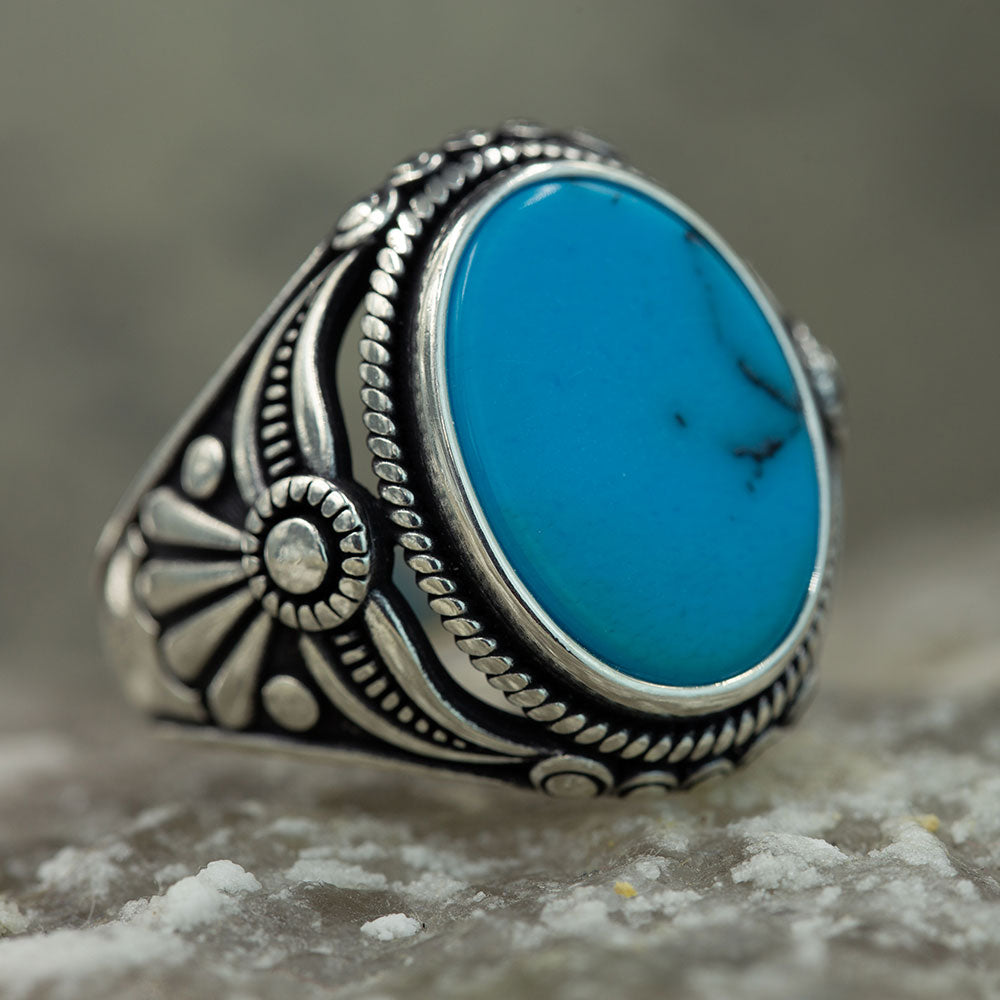 Men Silver Natural Turquoise Gemstone Ring