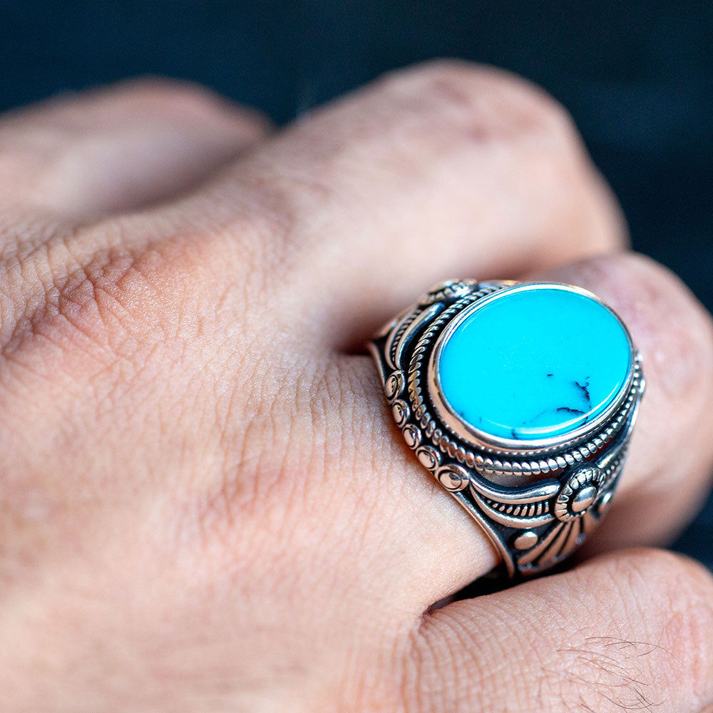 Men Silver Natural Turquoise Gemstone Ring