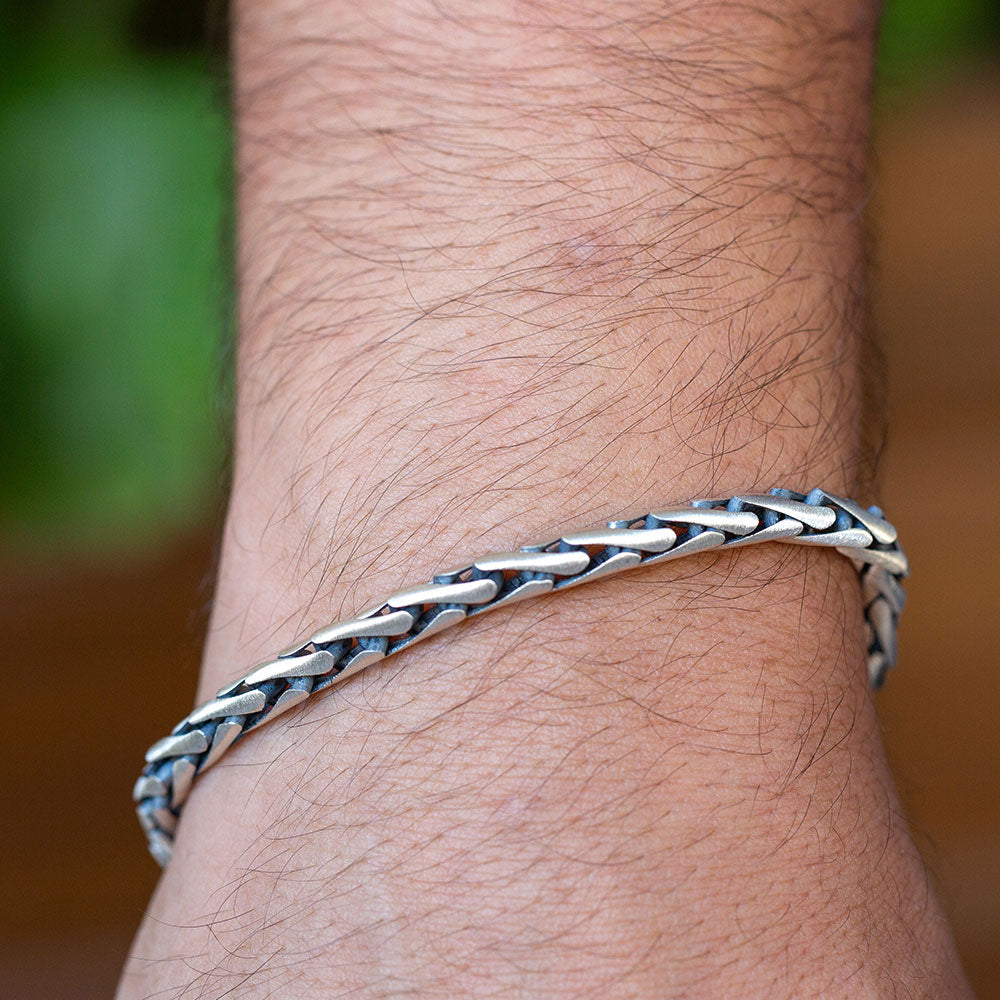 Men Silver Braided Chain Link Bracelet