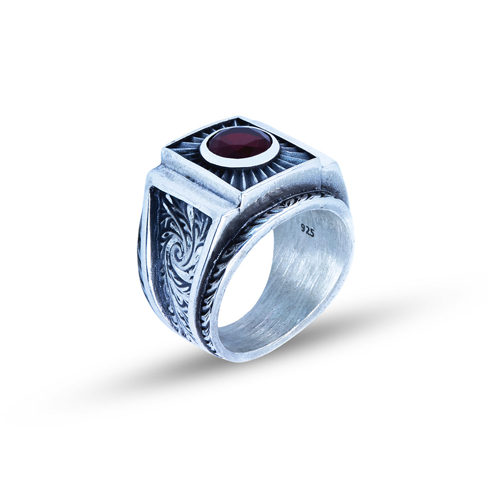 Men Handmade Engraved Ruby Gemstone Ring