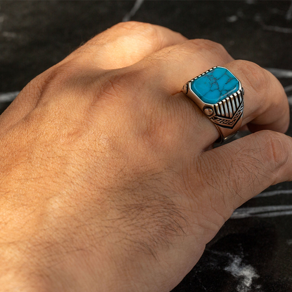 925 Sterling Silver Square Blue Turquoise Men Ring