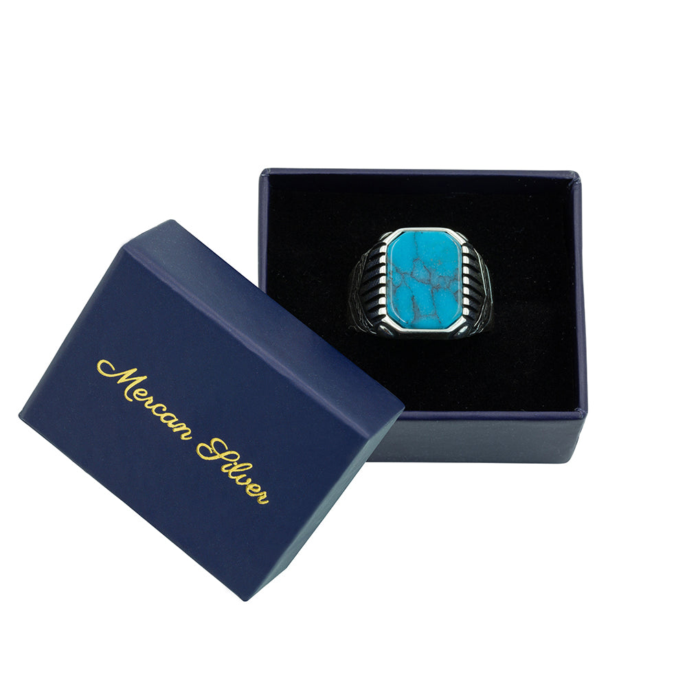 925 Sterling Silver Square Blue Turquoise Men Ring