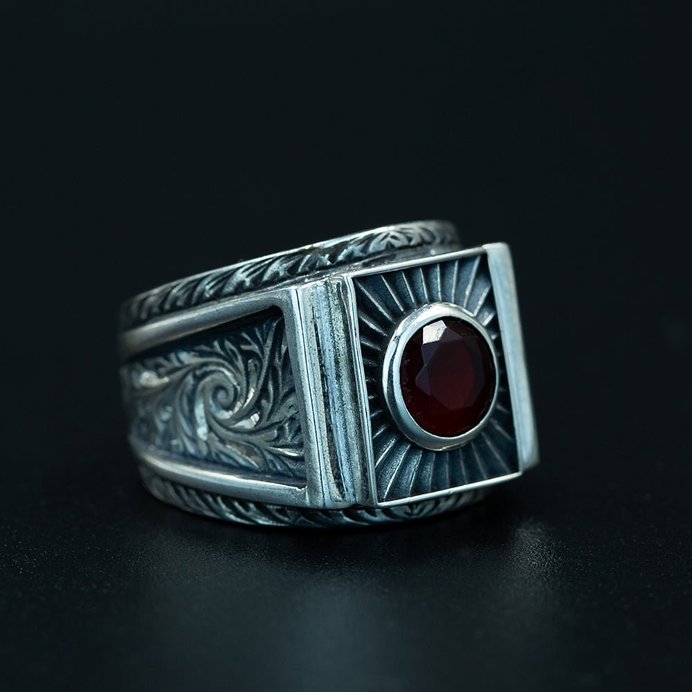 Men Handmade Engraved Ruby Gemstone Ring