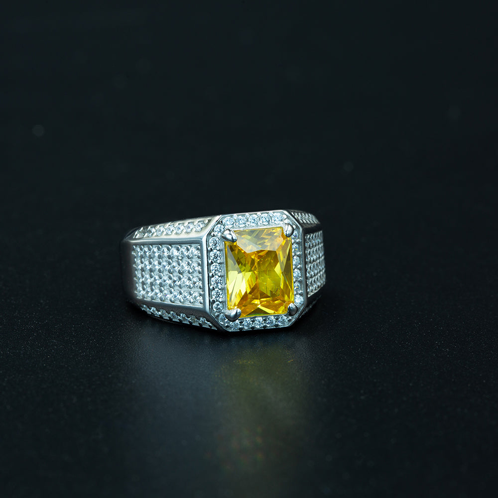 Men Silver Square Citrine Solid Silver Ring