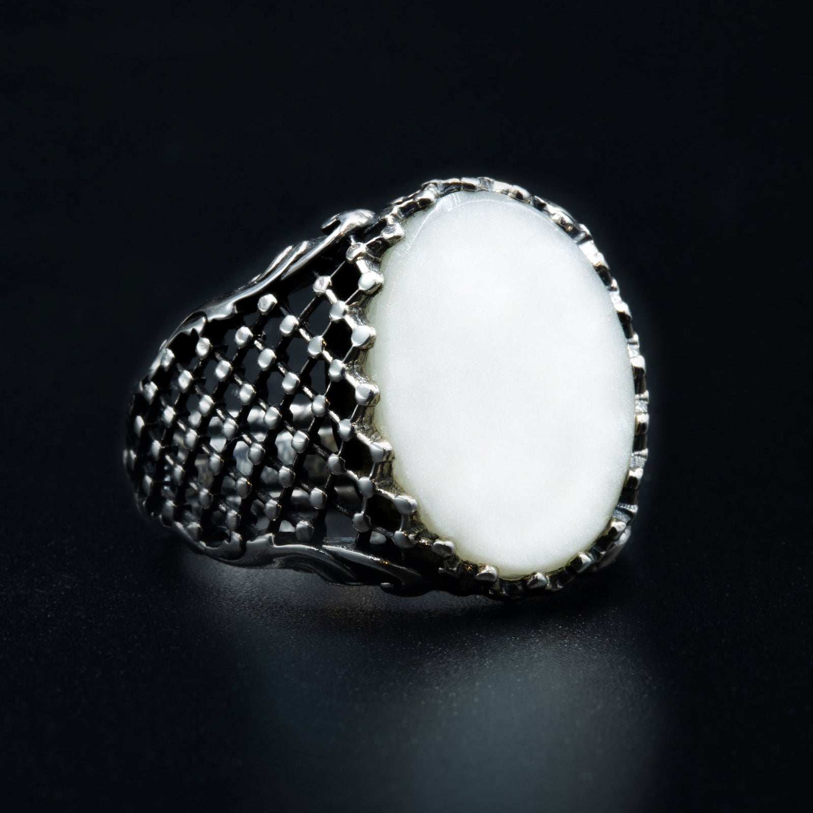 Anillo de sello de plata con piedra preciosa de nácar para hombre