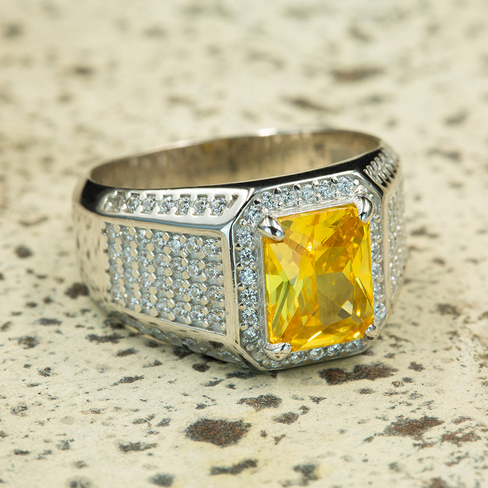 Men Silver Square Citrine Solid Silver Ring