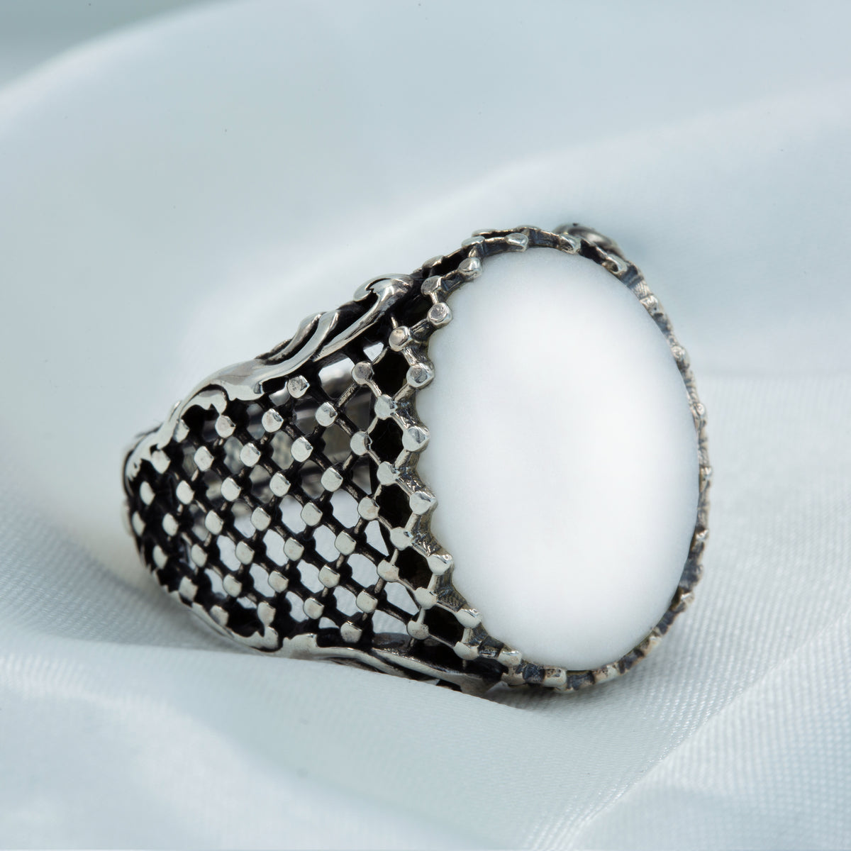 Anillo de sello de plata con piedra preciosa de nácar para hombre