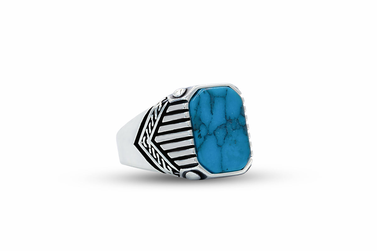 925 Sterling Silver Square Blue Turquoise Men Ring