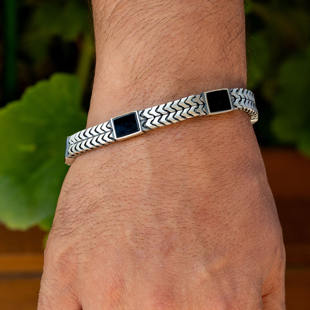 925 Silver Square Onyx Curb Chain Bracelet – Mercan Silver