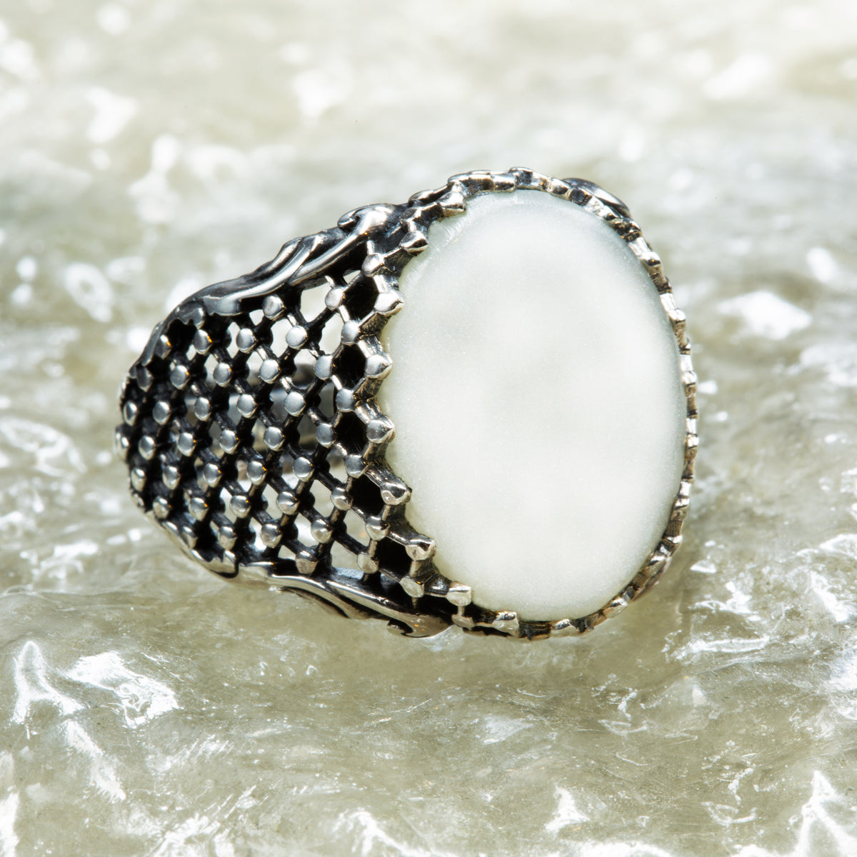 Anillo de sello de plata con piedra preciosa de nácar para hombre