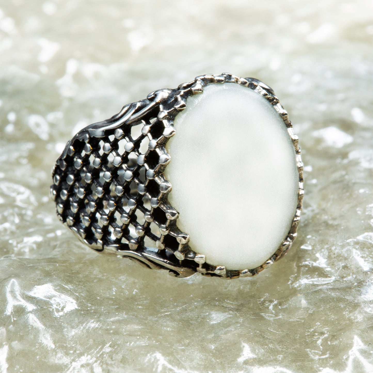 Men Silver Mother Of Pearl Gemstone Signet Ring