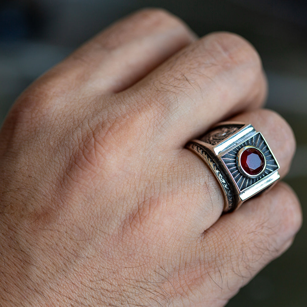Men Handmade Engraved Ruby Gemstone Ring