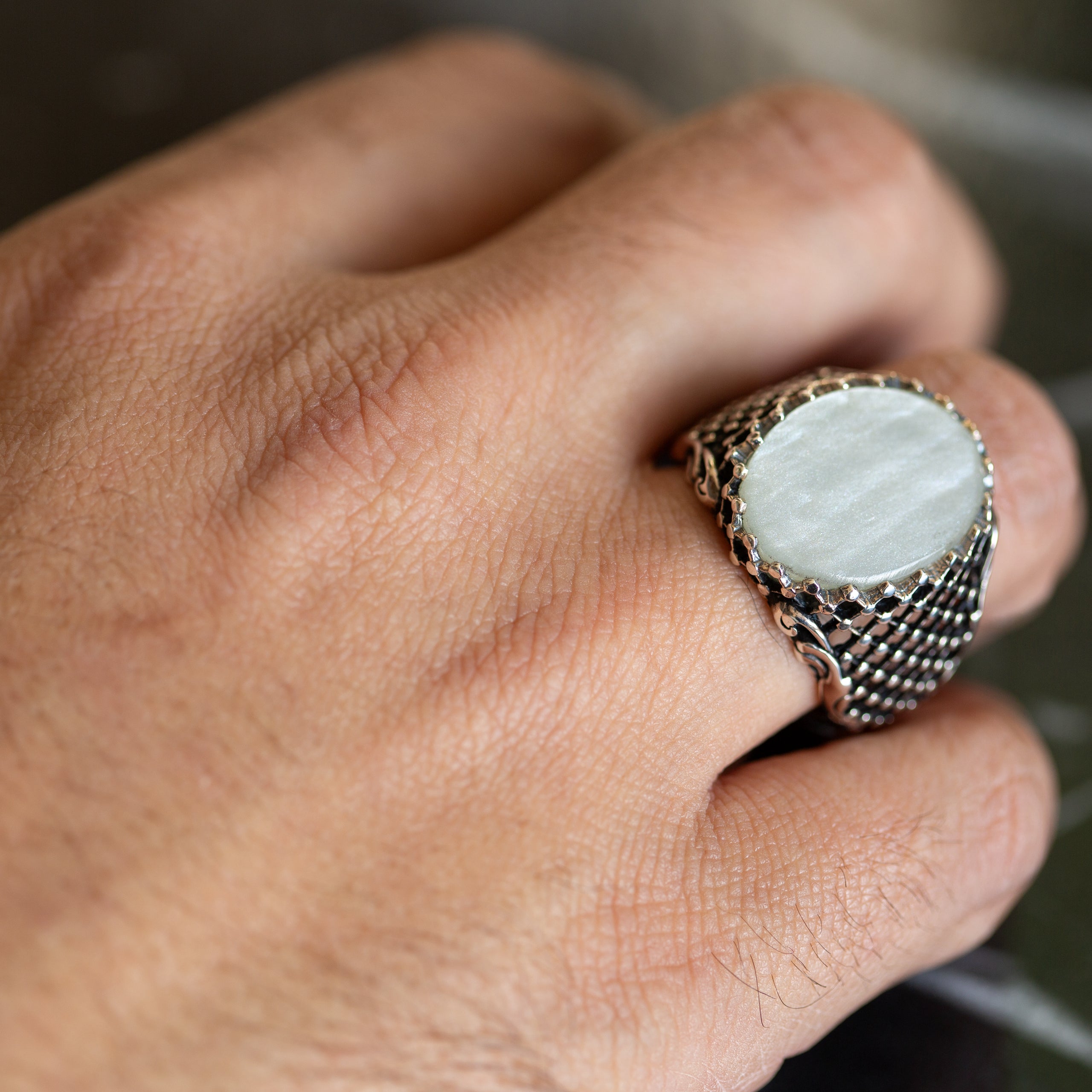 Men Silver Mother Of Pearl Gemstone Signet Ring – Mercan Silver