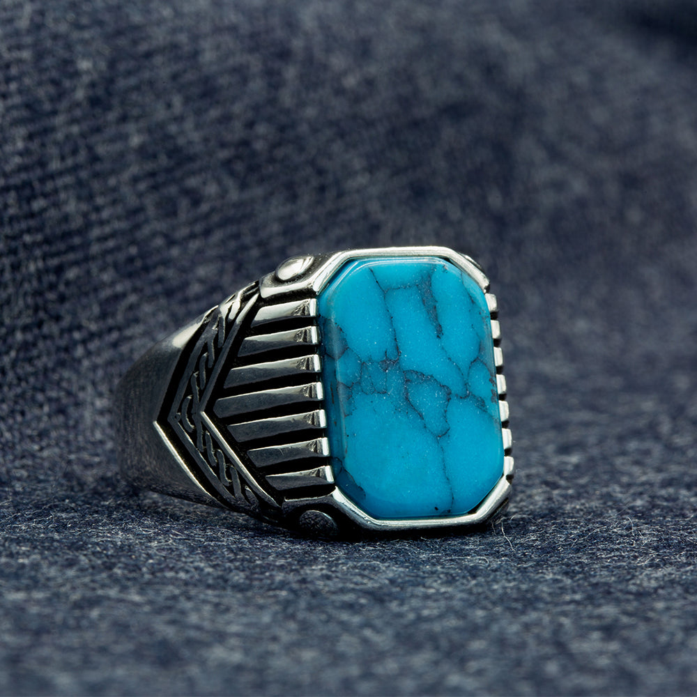 925 Sterling Silver Square Blue Turquoise Men Ring