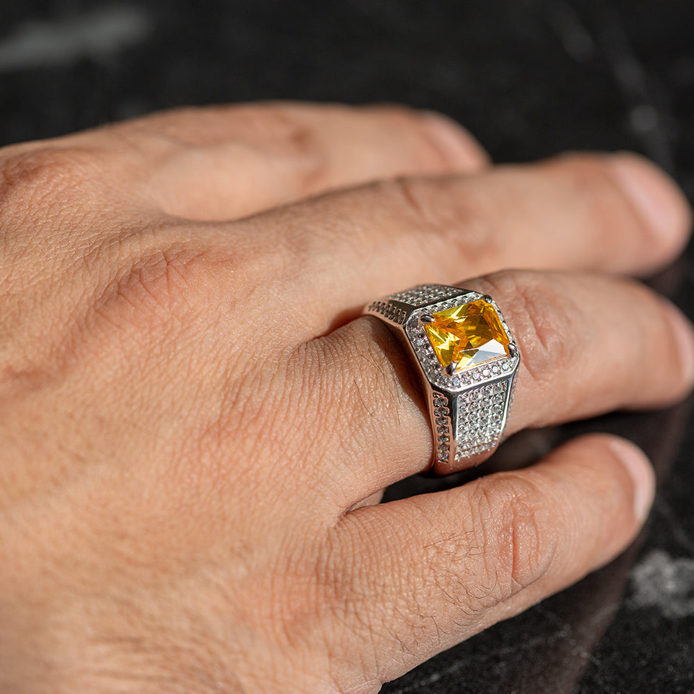 Men Silver Square Citrine Solid Silver Ring